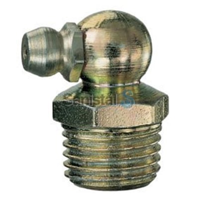 En 90° smørenippel med 1/8" RG gevind i rustfrit stål, ideel til fedtsmøring.