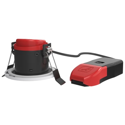 Ansell Lighting Prism Pro OCTO WiZ downlight med tilhørende driver i sort og rød, vist fra siden med den aftagelige stikfunktion.