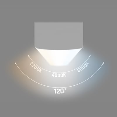 Illustration af 600mm Subtilo loftarmatur med 120 graders spredning, der viser justerbar 3CCT lys på 2700K, 4000K og 6000K.