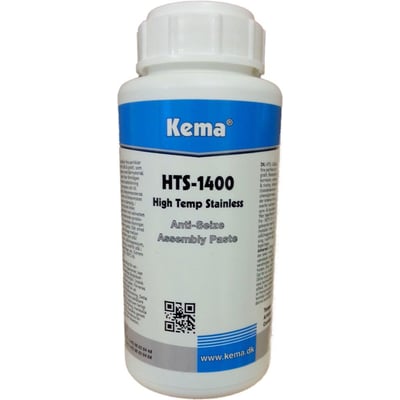 Nærbillede af Kema HTS-1400 pastaens hvide plastikkrukke, viser blå label med produktinformation og QR-kode.