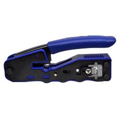 Giga-Lan Easy-Connect crimpværktøj til RJ45 plug, fremstillet af stål med blå håndtag, vist fra siden.