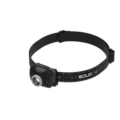 Ledlenser Solidline SH2 pandelampe i sort med justerbart hovedbånd og sølvfarvet frontring på hvid baggrund.
