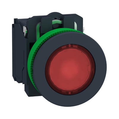 Schneider Electric Harmony XB5/ZB5 flush trykknap i rød med integreret LED-lys og 1NO+1NC kontakter, 230V.