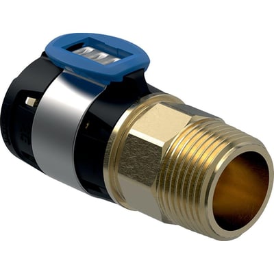 Geberit FlowFit overgangsnippel i blyfri siliciumbronze med 16mm muffe og 3/8" udvendigt gevind, vist med blå koblingsring.