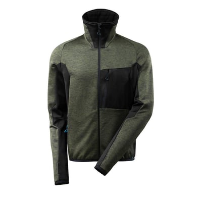 Mascot fleecetrøje i mosgrøn og sort med en moderne pasform, vist på hvid baggrund med detaljer som lynlåse.