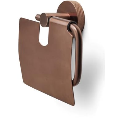 Elegant toiletrulleholder med låg i børstet bronze finish, vist på hvid baggrund.