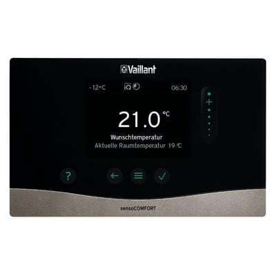 Vaillant sensoCOMFORT VRC 720 enhed set fra en let vinkel, med fokus på den mørke touchskærm og grå front.