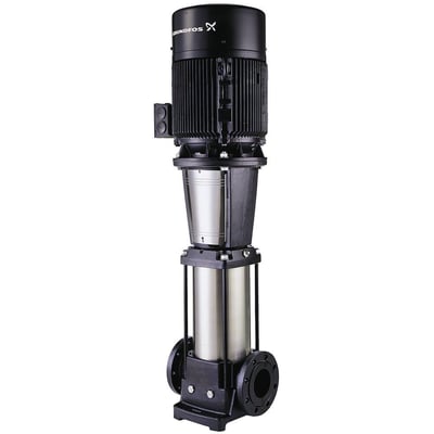 Grundfos CR 5-7 A-A-A-E-HQQE pumpe med sort motor og rustfri stål løbere, monteret på en flange til rørinstallation.