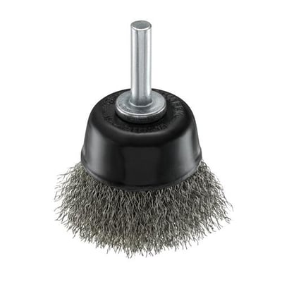 Ironside kopbørste med rustfri, bølget tråd og 6 mm skaft, set skråt forfra med skaftet pegende op.