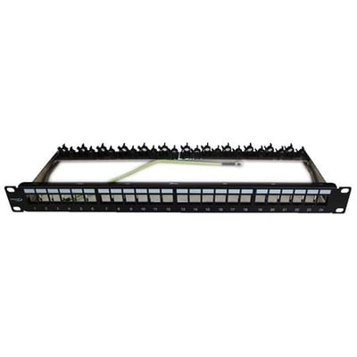 19" 1HE sort patchpanel med 24 RJ45 porte og en Easy-Clip mekanisme, inklusiv 4mm² jordledning.