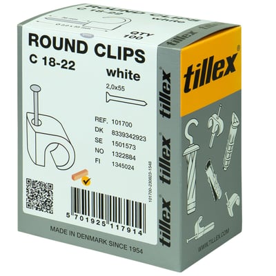 Emballage for Tillex Round Clips C 18-22 i hvid, med 100 stk. og mål 18-22mm, 2,0x55mm.