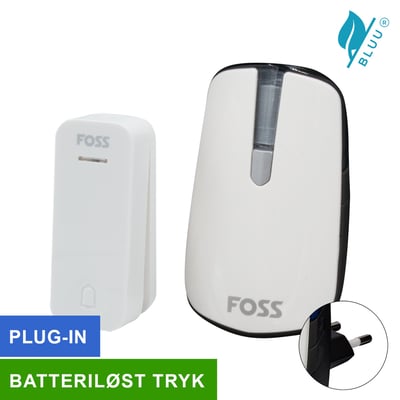 Trend dørklokke Bluu 1 Novus i hvid, viser både det batteriløse dørtryk og plug-in klokken. Inkluderer tydelig "PLUG-IN" og "BATTERILØST TRYK" grafik.