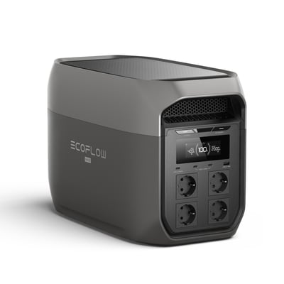 Sort Ecoflow Delta 3 Max-powerstation med 2048 Wh kapacitet og 2400 W effekt, set skråt forfra med display og strømudtag.
