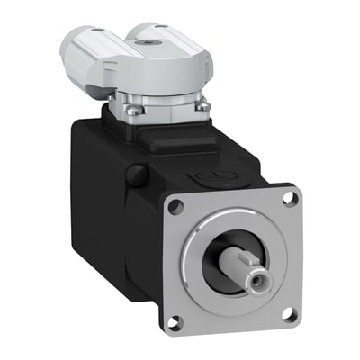 Schneider Electric Servo motor SH3 040 med 0,18Nm og 90 graders stik, med en sort motorblok og krom flange.