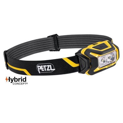 Petzl Aria 2 pandelampe i gul og sort med mærkelogo og hybridkoncept-grafik, med justerbar rem.