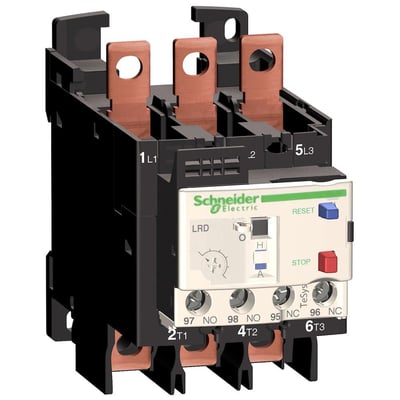 Schneider Electric termorelæ LRD 23-32A, klasse 10A fra TeSys D serien, vist med kobberterminaler og frontpanel med reset-knap.
