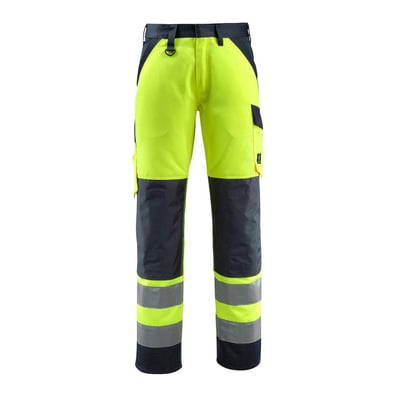 Bagfra visning af Mascot HI-VIZ bukser i gul og mørk marine, fremviser baglommer og reflekser, str. 82C46.