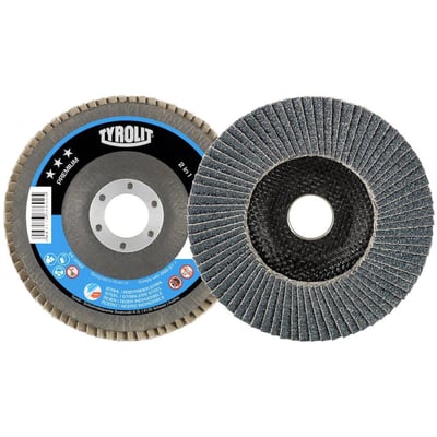 Sammenligning af Tyrolit Premium 2in1 lamelrondel, 125mm, korn 120, med en enkelt rondel, der viser alle lameller i slibemidlet.