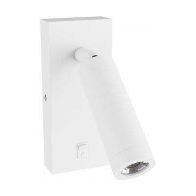 SpectrumLED Madara Mini GU10 slim væglampe i hvid med rund, vinklet lampehoved og afbryder på vægbeslaget.