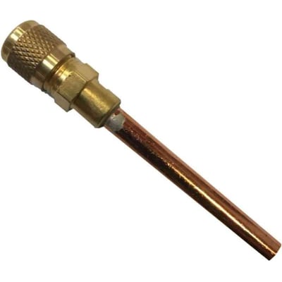 Refco Schraderventil A-31004 med messingfarvet ventilhoved og kobberrør, set skråt fra siden, med 1/4" flare.