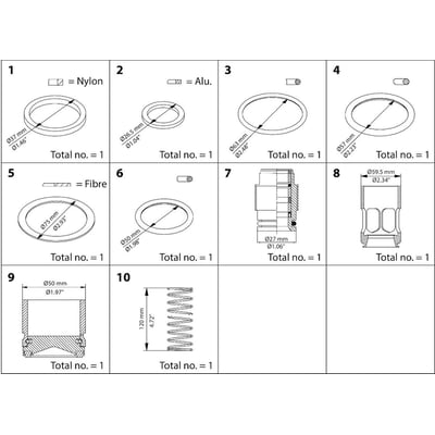 Diagram over dele til Danfoss vedligeholdelsessæt SCA 65, inklusiv nylon-, aluminiums- og fiberelementer samt forskellige ringe.