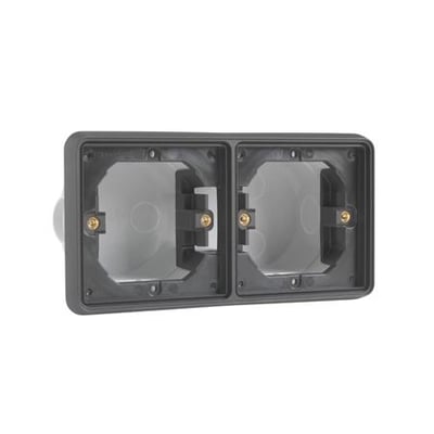 Niko 2-moduls vandret indmuringsdåse i sort, viser to udtagshuller med skruemonteringspunkter, IP55-kompatibel.