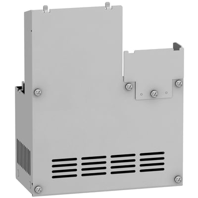 Schneider Electric UL type 1 overensstemmelsessæt, model VW3A95818, til ATV320 frekvensomformere, viser gråt metalkabinet med ventilationsriste og monteringshuller.