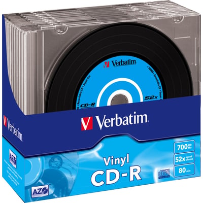 Verbatim CD-R på 700 MB med vinyludformning i gennemsigtig slimcase og blå emballage, mærket med 52x skrivehastighed.