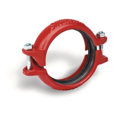 Victaulic FireLock Style 009N kobling i skinnende rød finish til 323,9mm rør med sort EPDM-pakning og beslag.