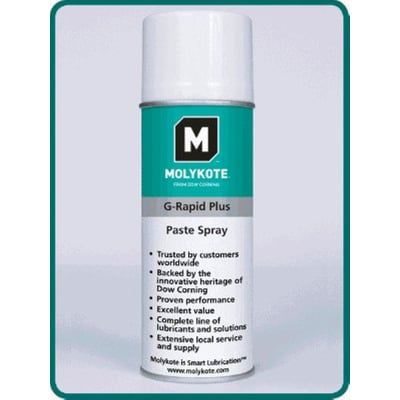 Molykote G-Rapid Plus spraydåse i sort og sølv, med 400 ml indhold til montage og indkøring af metal.