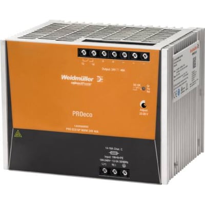 Weidmüller Pro Eco 960W strømforsyning med 24V DC og 40A udgang, perfekt til DIN-skinne montage.