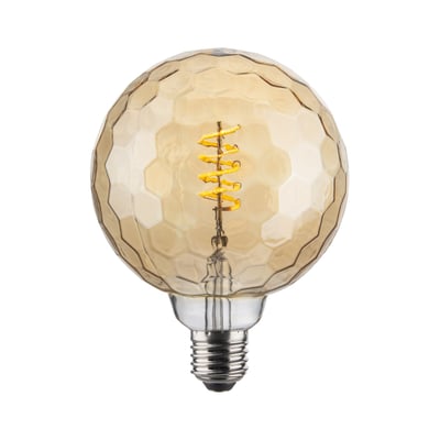 Detaljeret billede af Halo Design COLORS Geo Amber Ø125mm LED-lyskilde med dekorativt facetglas og synlig filament.