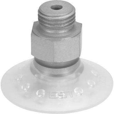 Festo vakuumsuger VAS-40-1/4-SI-B med 40 mm sugekopdiameter og topmonteret tilslutning på hvid baggrund.