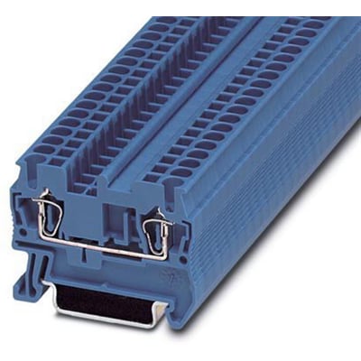 Tæt på Phoenix Contact ST 2,5 BU gennemgangsklemme i blå, viser detaljer på fjedertilslutningen og monteringsskinne.