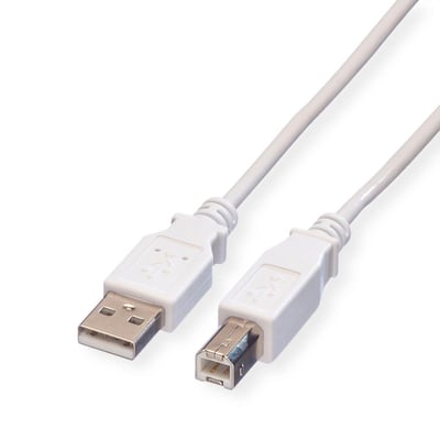 Hvidt USB 2.0 kabel på 3 meter med type A hanstik i den ene ende og kvadratisk type B hanstik i den anden ende.
