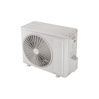 Lysegrå GREE Cosmo 9K udedel set skråt forfra med den store runde ventilatorrist synlig.