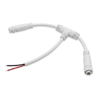 T-splitter til CyberTube RGBIC med hvide kabler, tre grene og skrueforbindelser til lysslanger.