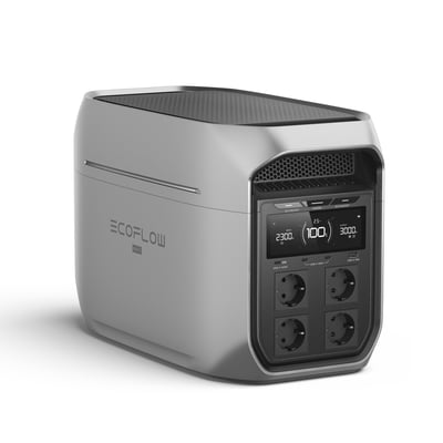 Grå EcoFlow Delta 3 Max Plus powerstation med display, USB-porte og fire stikkontakter, 2048 Wh og 3000 W.