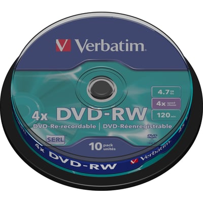 Verbatim DVD-RW-medier på sort spindel med blågrønne etiketter, 4x hastighed, 4,7 GB og SERL-lag.
