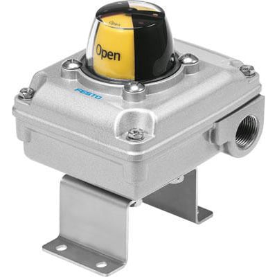 Festo sensorboks SRBC-CA3-YR90-N-1-ZU-C2P20 med tydelig gul og sort indikator der viser 'Open'.