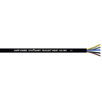 Lapp Olflex Heat 125 MC kabel med 3G1 ledere og CE-mærkning, viser afsluttede ledninger i forskellige farver.