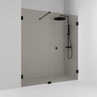 Svedbergs bruseniche i kombiudførelse, 176,5 x 200 cm, med bronzeprægede glasflader og matsorte beslag.