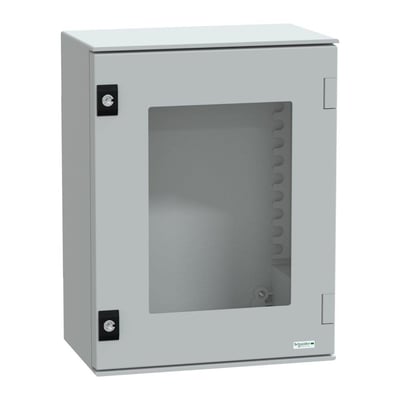 Schneider Electric vægskab med rude i mørkere grå farve, 430 x 330 x 200 mm, vist skråt forfra.