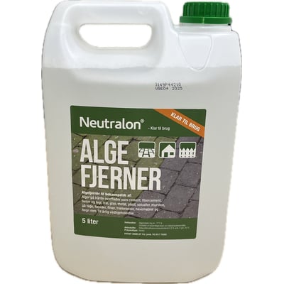 Neutralon algefjerner i 5 liters dunk, klar til brug, med etiket der viser billeder af belægninger og havemøbler.