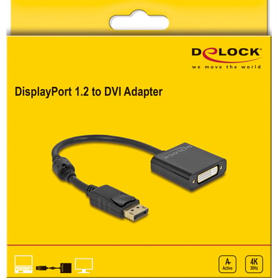 DeLock DisplayPort 1.2 han til DVI hun 4K aktiv adapter i sort vises på gul emballage med begge stik.