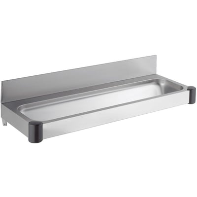 Intra vaskerende P121 i rustfrit stål, 1200 mm bredde, med integreret bagplade og sorte endestykker.