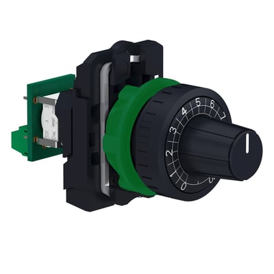 Komplet potentiometer i plast fra Schneider Electric med sort drejeknap, grøn ring og 2,2 kOhm markering på etprintkort.