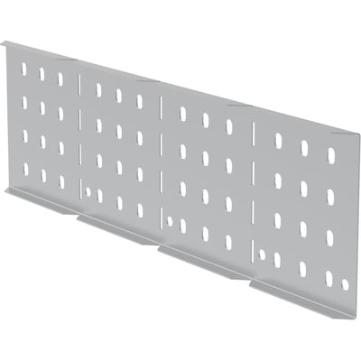 Lauritz Knudsen endeplade 150x60x1mm i Zinc+, vist med perforerede sider og en vinklet profil på hvid baggrund.