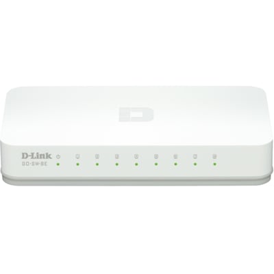 Hvid D-Link Fast Ethernet Easy Desktop Switch med otte porte og grønne statuslamper på fronten.