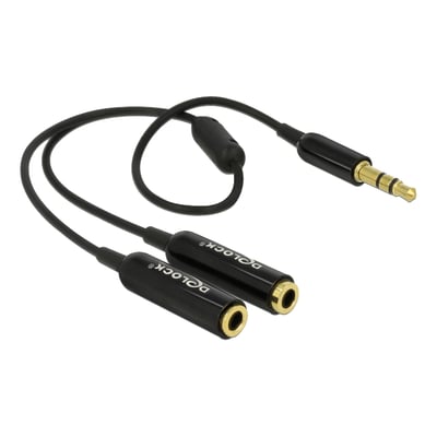 DeLock sort audio splitterkabel med 3,5 mm jack han-stik og to 3,5 mm hun-stik. Kabel er 0,25 m langt.